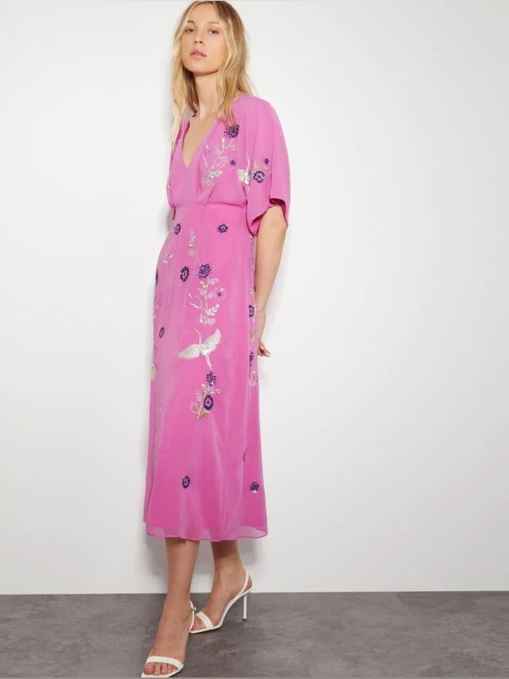 MONSOON Rosalie hand-beaded midi kimono dress in pink | size 4